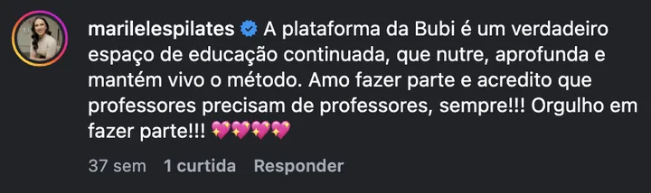 Comentário de @marilelespilates no Instagram